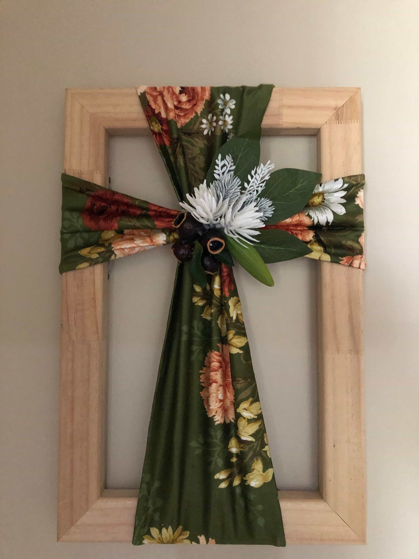 Fabric floral cross on a wooden frame-All-Times-Gifts