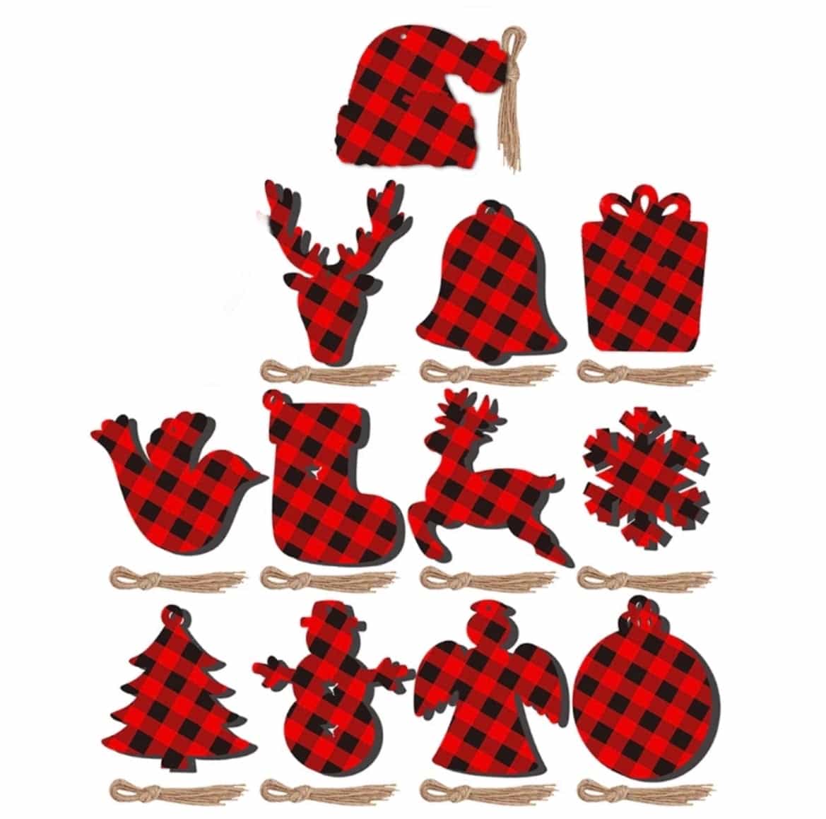 12pcs Plaid Christmas Wooden Ornaments-All-Times-Gifts