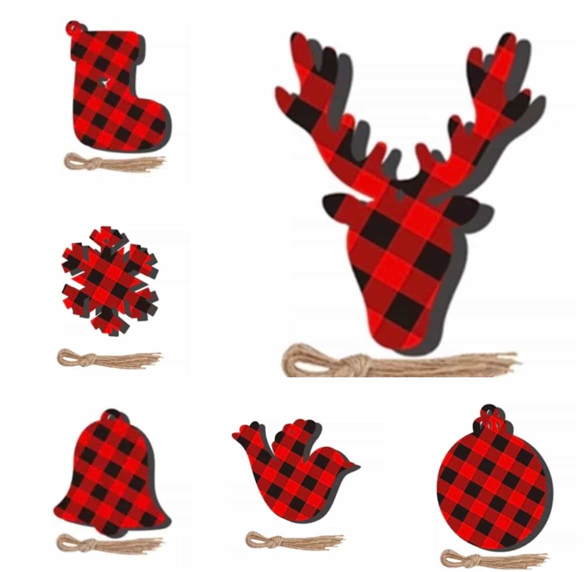 12pcs Plaid Christmas Wooden Ornaments-All-Times-Gifts