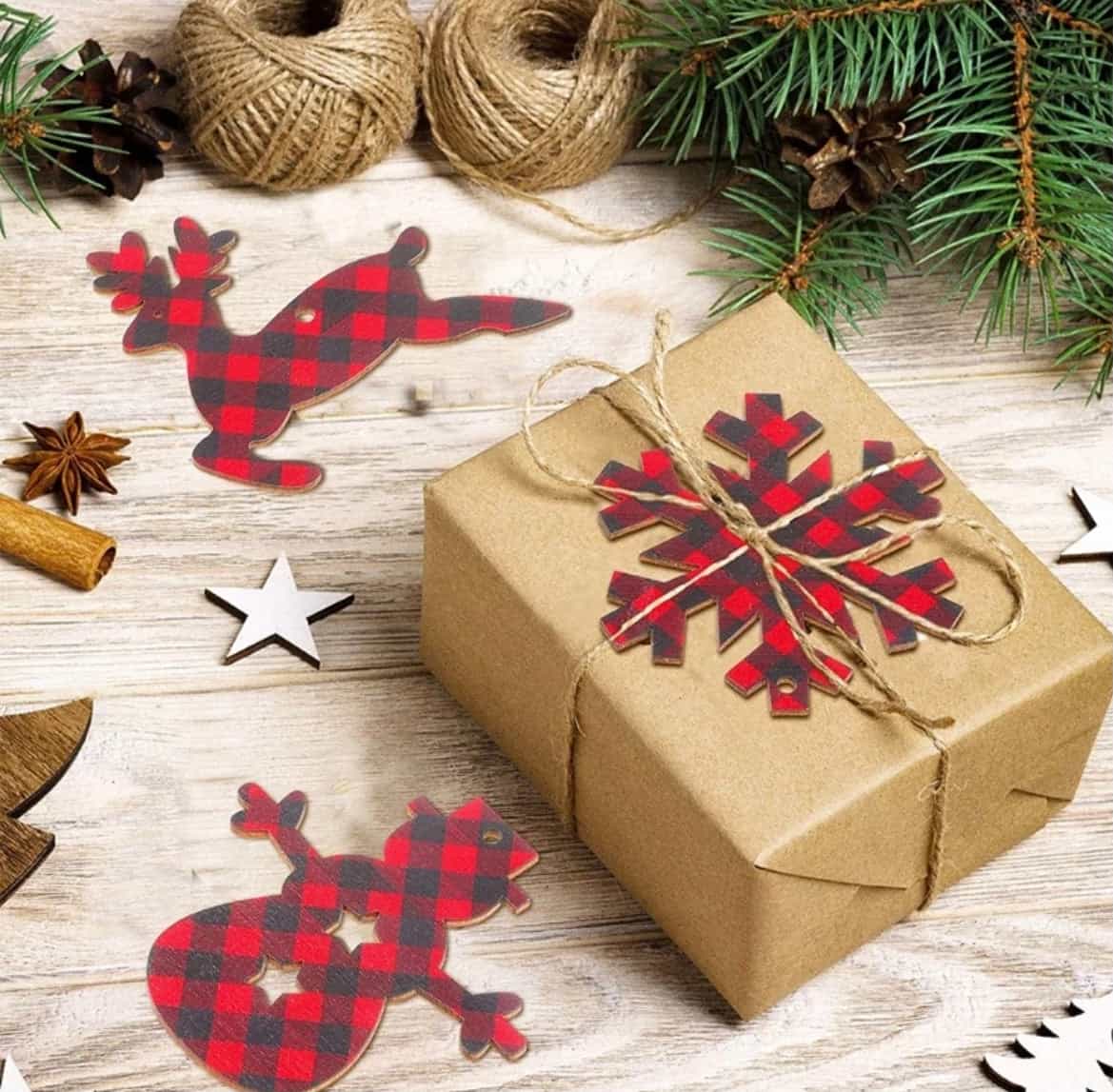 12pcs Plaid Christmas Wooden Ornaments-All-Times-Gifts