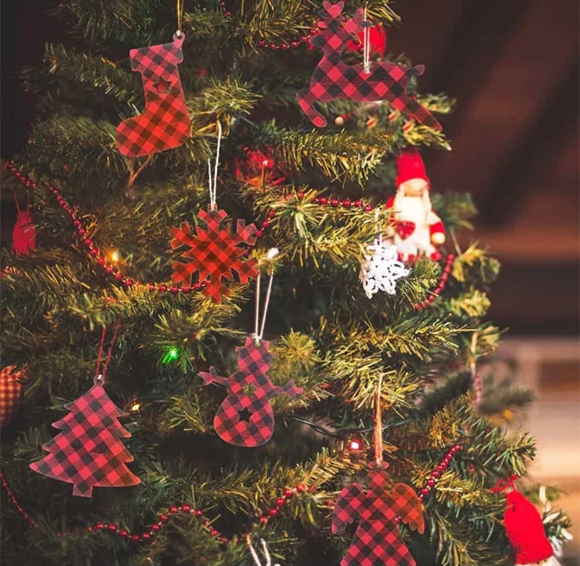 12pcs Plaid Christmas Wooden Ornaments-All-Times-Gifts