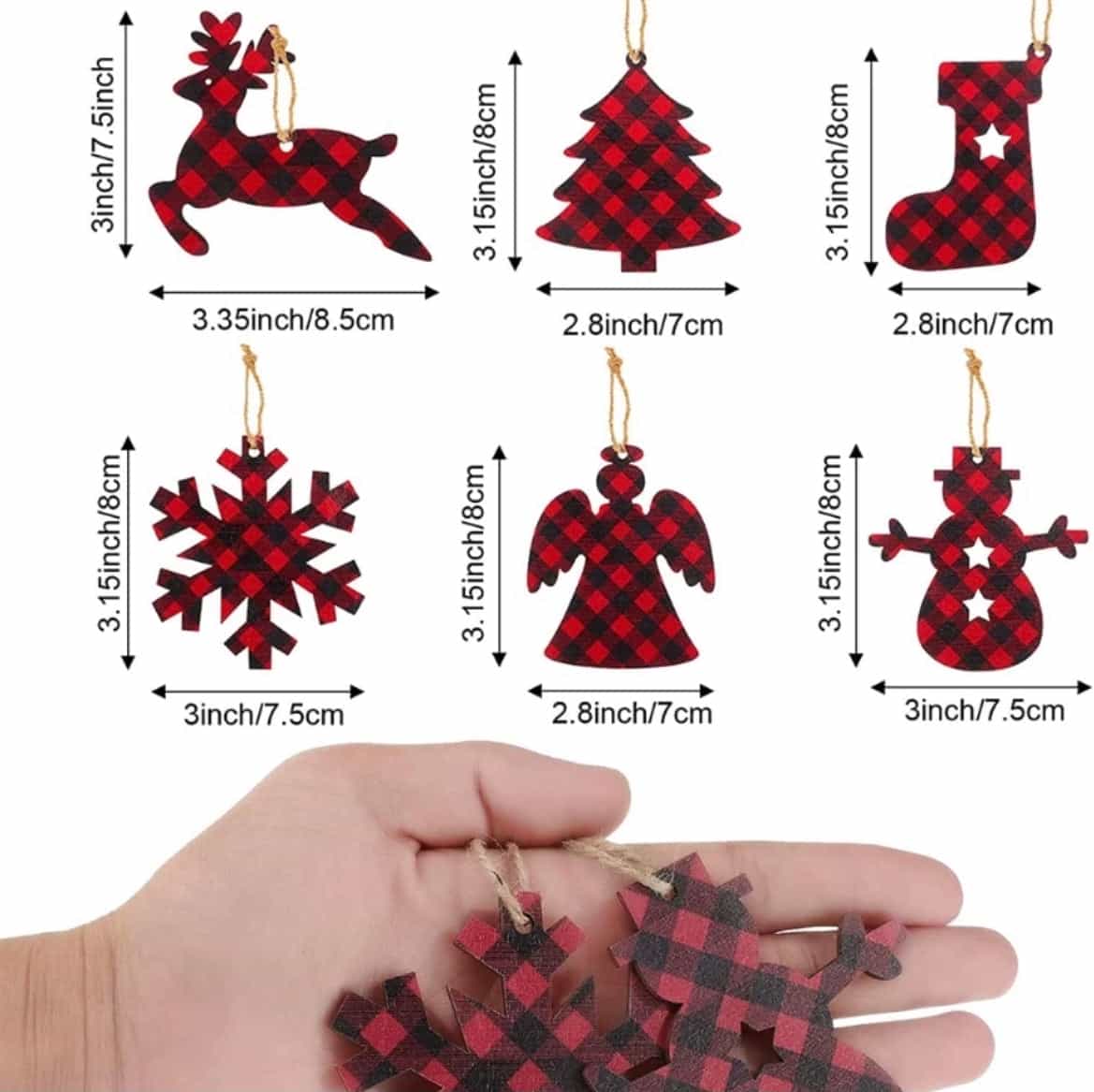 12pcs Plaid Christmas Wooden Ornaments-All-Times-Gifts