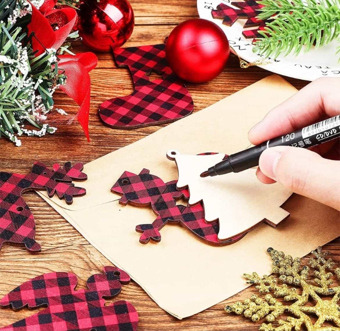 12pcs Plaid Christmas Wooden Ornaments-All-Times-Gifts