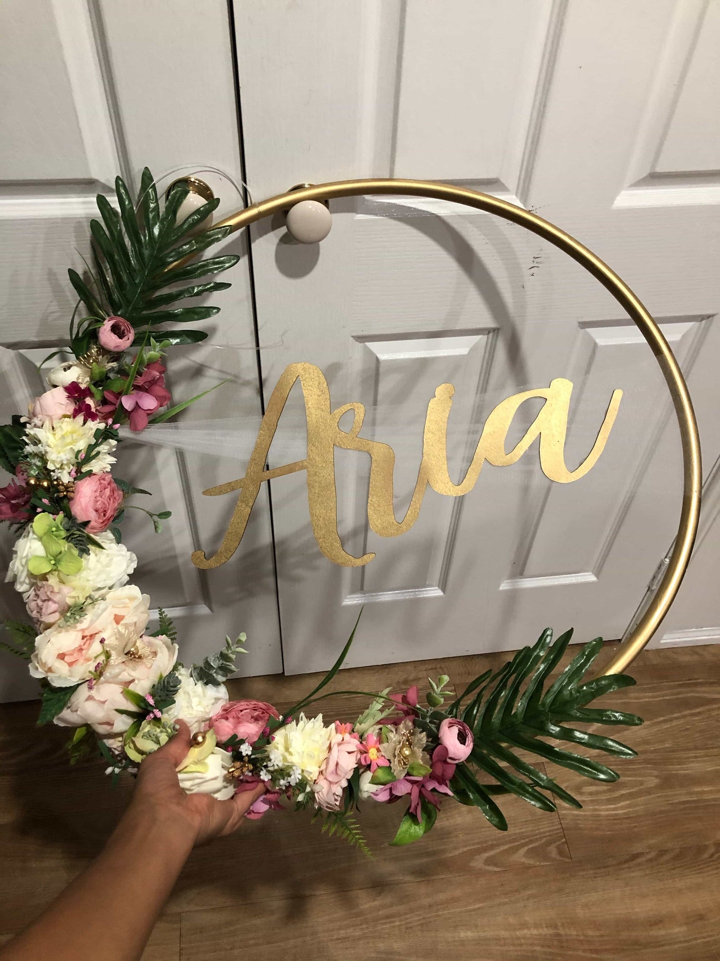 Big Golden Floral Hoop Wall Art customise-Personalised Hoops-All-Times-Gifts