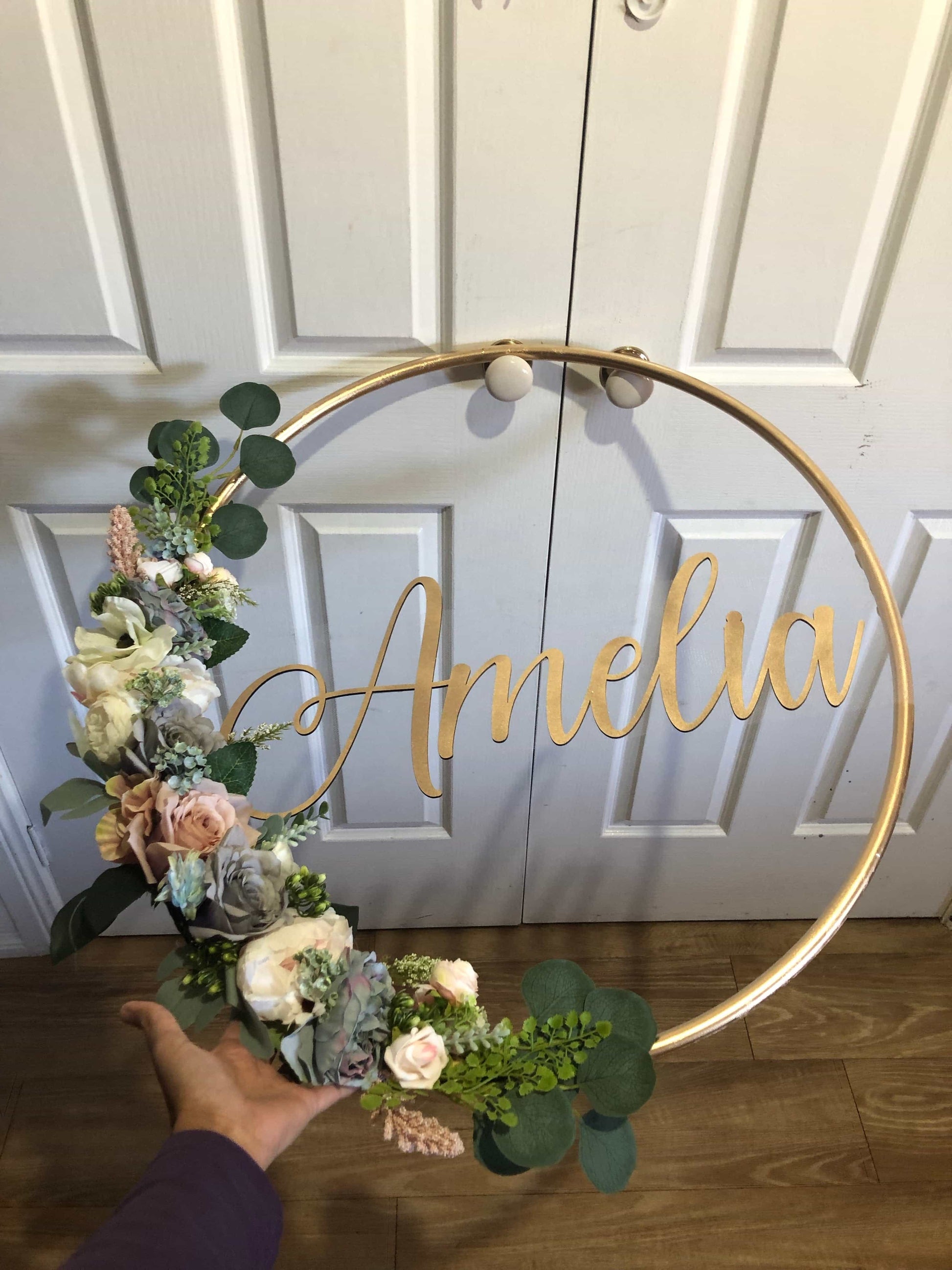 Big Golden Floral Hoop Wall Art customise-Personalised Hoops-All-Times-Gifts