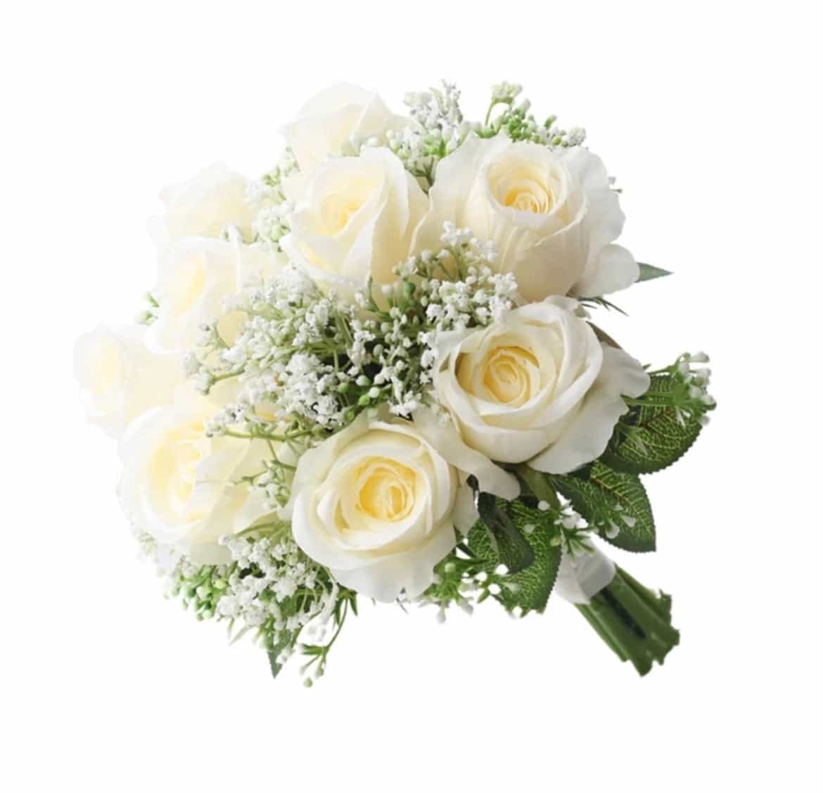 Cream or White Roses With Babys breath bridal bouquet-All-Times-Gifts