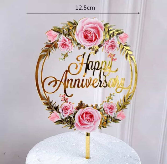 Happy Anniversary Round Floral Cake Topper-Cake Topper-All-Times-Gifts