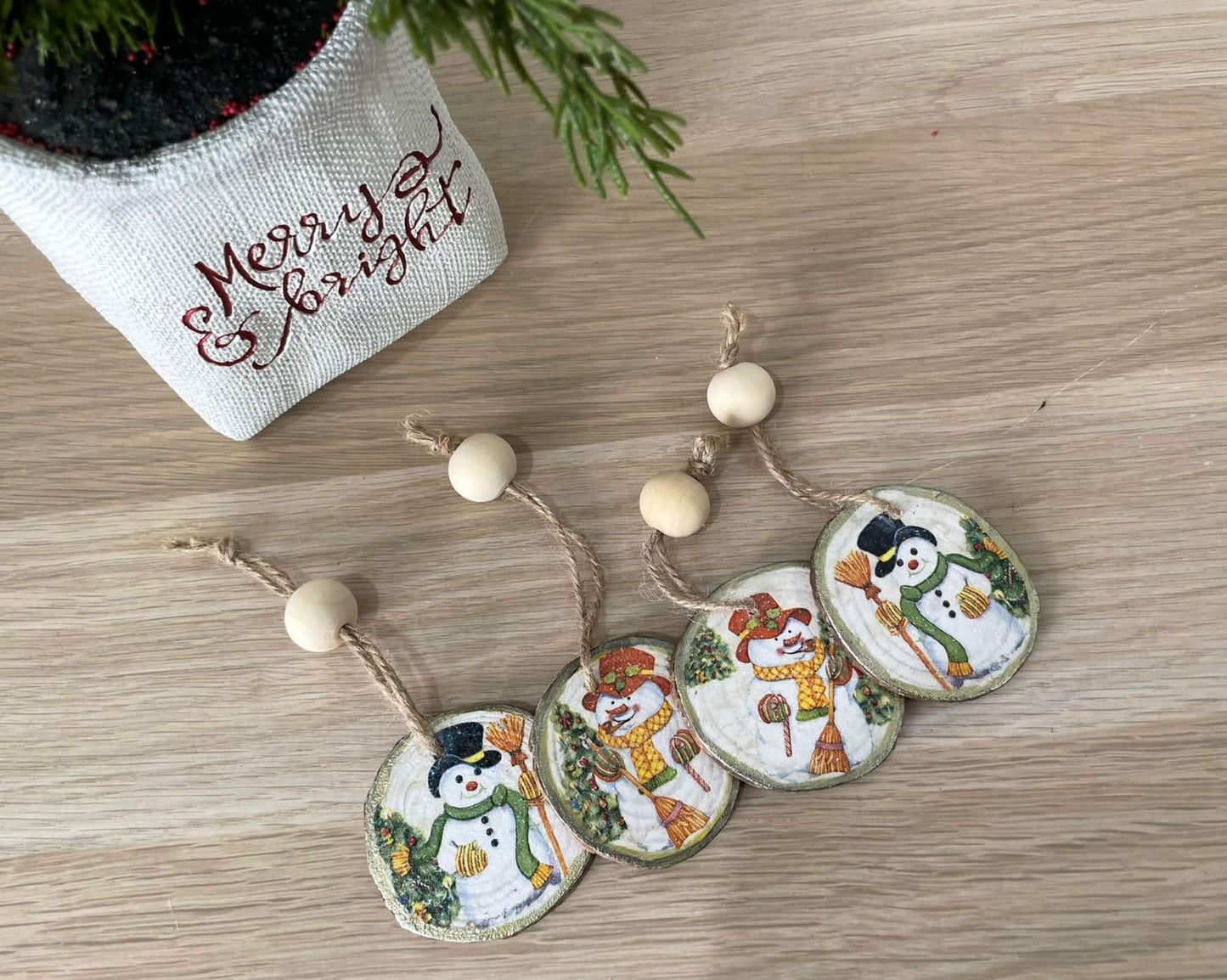 4pcs set snowman wood slice ornaments