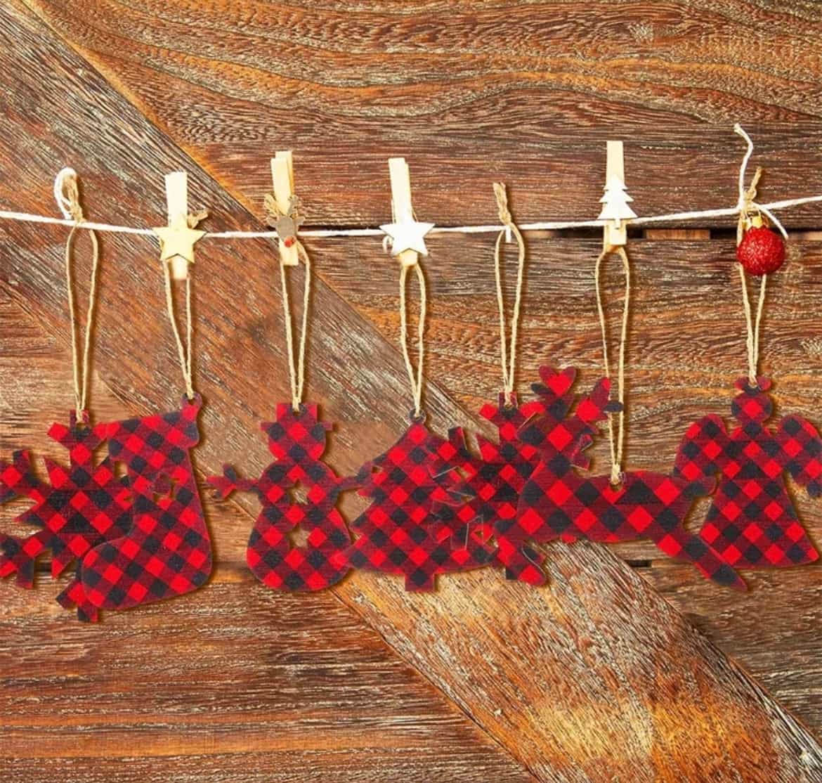 12pcs Plaid Christmas Wooden Ornaments-All-Times-Gifts