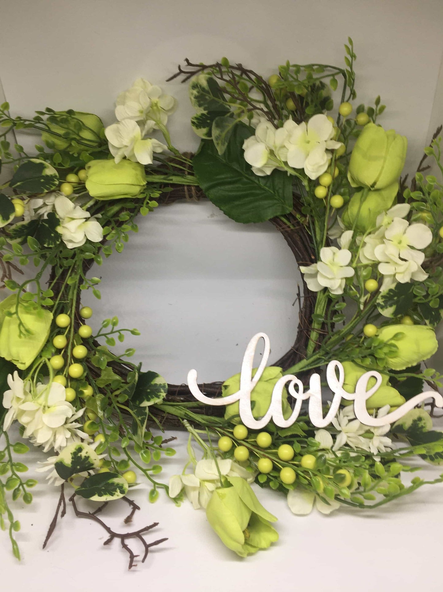 Shades of Green Floral Natural Rattan Wreath with Love-All-Times-Gifts